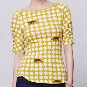 Yellow Polka Dot Women's Top with Ruched Sleeves